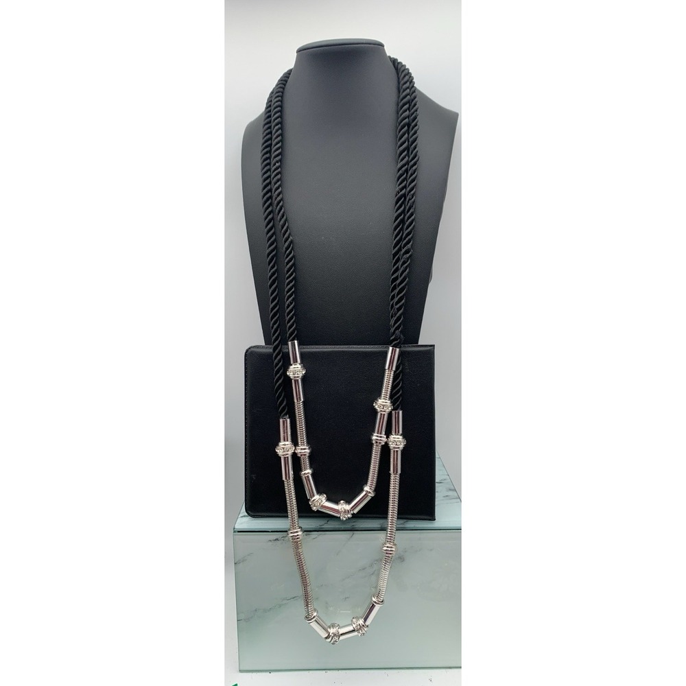 Chicos Black Rope And Silver Tone Metal & Rhinestone Modernist Necklace 29-32"